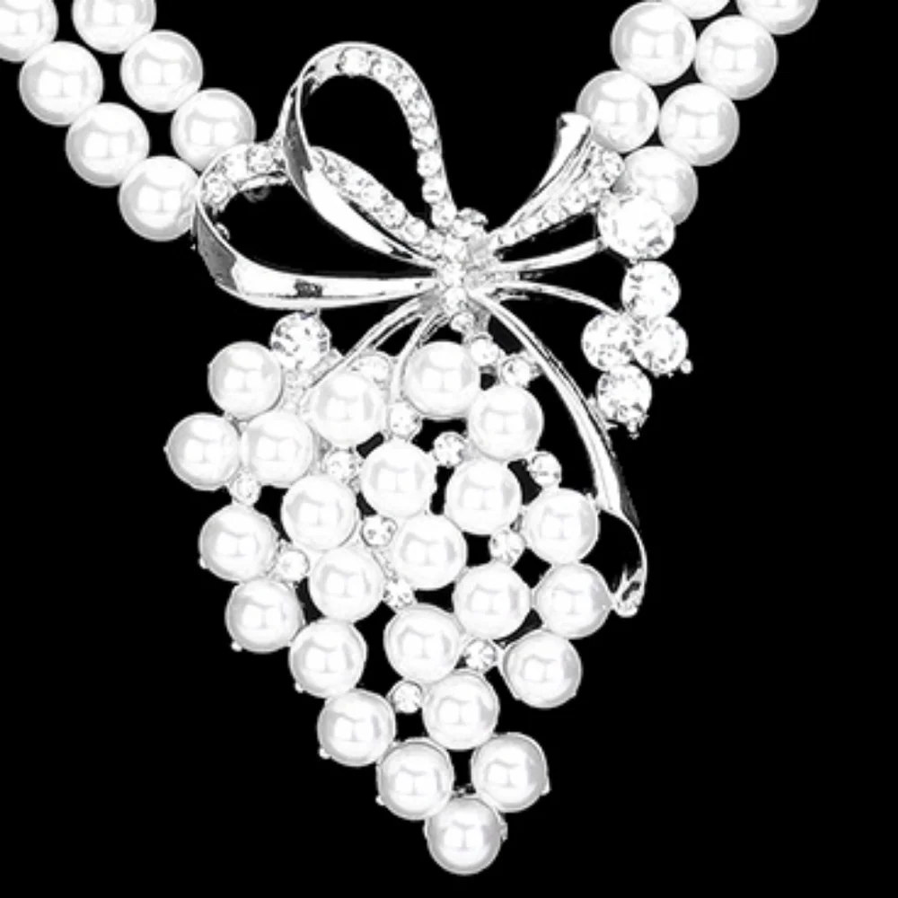 Grape Silver White Pearl Cluster Pendant Earrings Crystal Layered Necklace Set